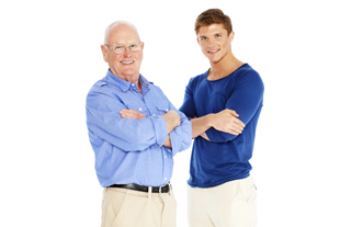 Happy father and son isolated on white background